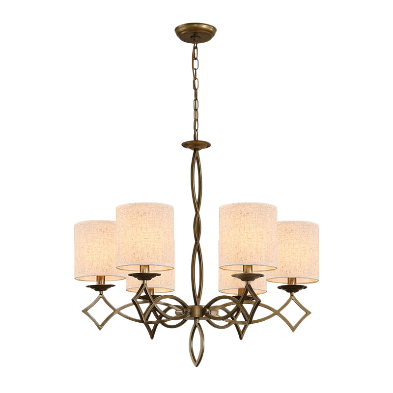 6-Light Chandelier Lamp Rural Style Drum Shade Fabric Pendant Light Fixture in White/Beige/Green with Metal Twisted Arm
