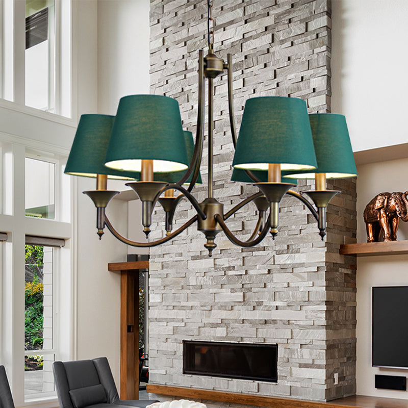 Conical Fabric Chandelier Lighting Countryside 6 Heads Dining Room Hanging Pendant Light in Green