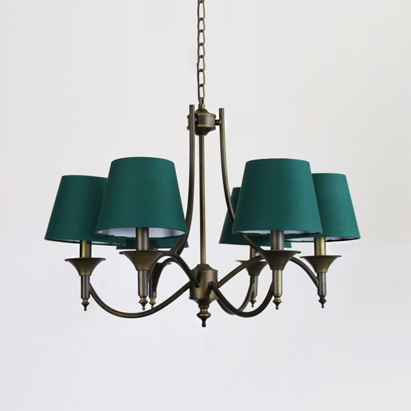 Conical Fabric Chandelier Lighting Countryside 6 Heads Dining Room Hanging Pendant Light in Green