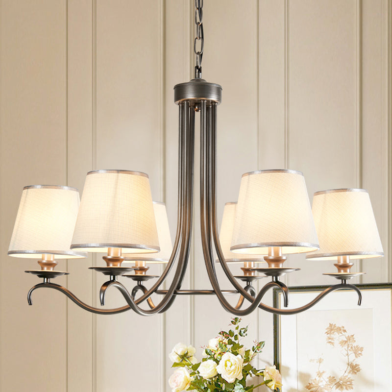 Fabric Cone Chandelier Light Classic Style 6 Heads Dining Room Down Lighting Pendant in Silver/Blue/White and Silver