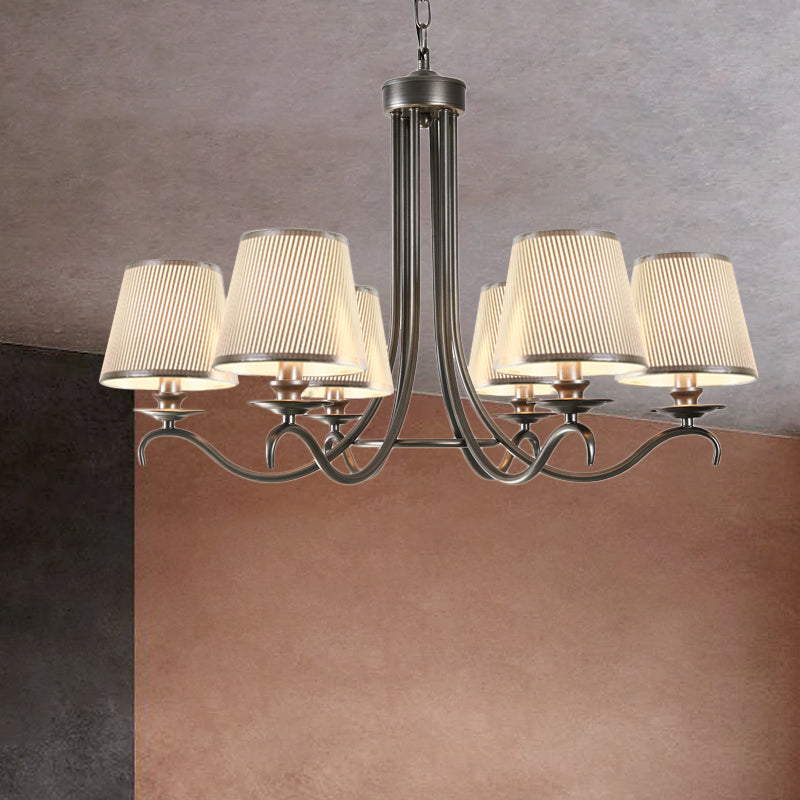 Fabric Cone Chandelier Light Classic Style 6 Heads Dining Room Down Lighting Pendant in Silver/Blue/White and Silver