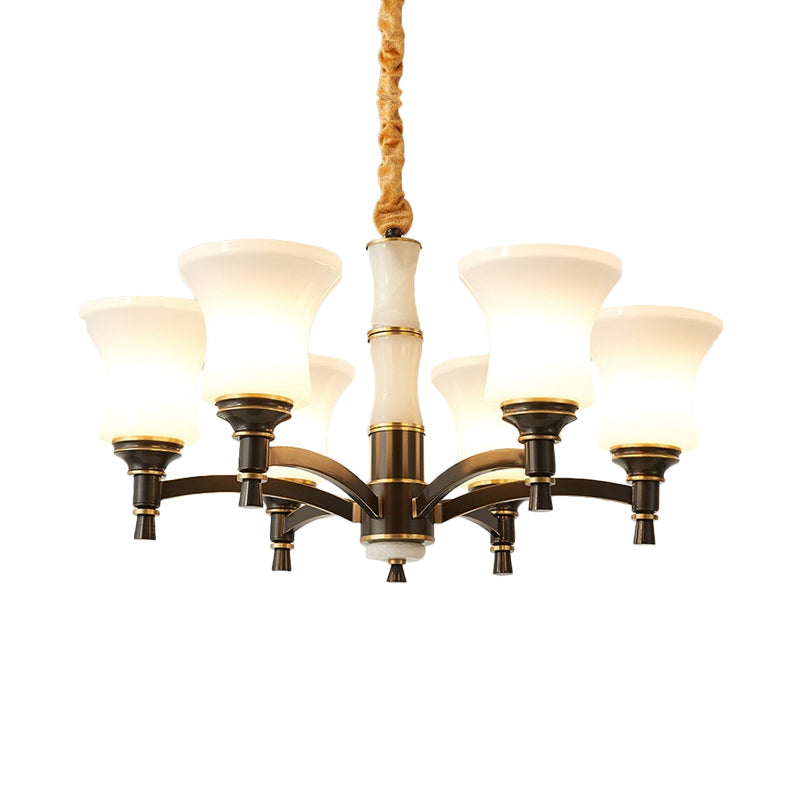6/8 Lights Hanging Light Fixture Retro Living Room Chandelier Lamp with Bell White Glass Shade in Black