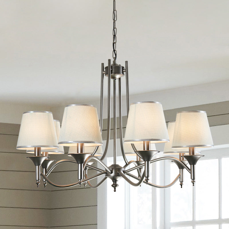 Traditional Twisted Arm Chandelier 8 Bulbs Metallic Pendant Light Kit in Silver/Blue/White and Silver with Conic Fabric Shade