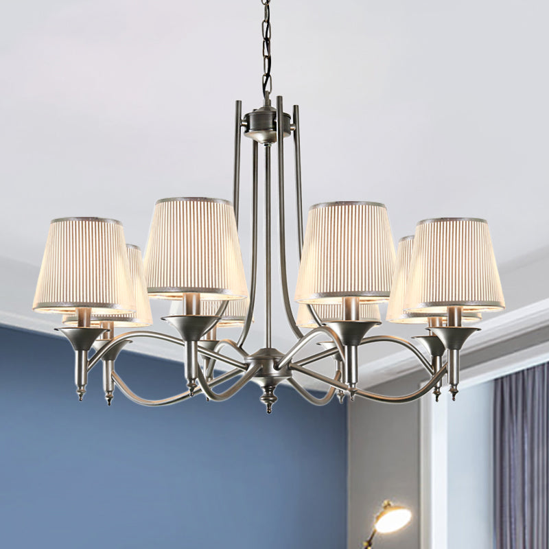 Traditional Twisted Arm Chandelier 8 Bulbs Metallic Pendant Light Kit in Silver/Blue/White and Silver with Conic Fabric Shade