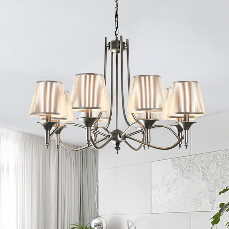 Traditional Twisted Arm Chandelier 8 Bulbs Metallic Pendant Light Kit in Silver/Blue/White and Silver with Conic Fabric Shade