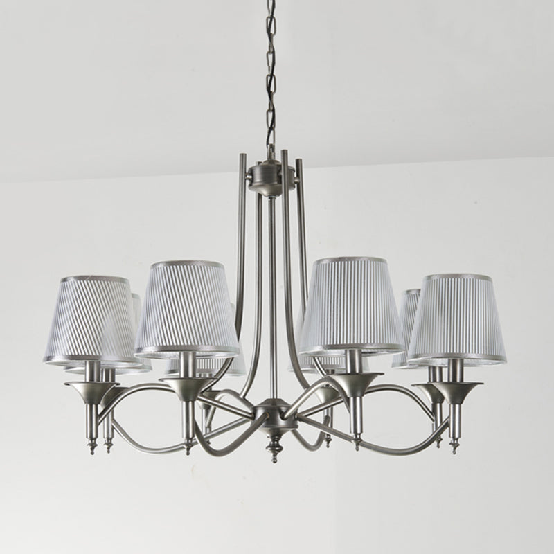 Traditional Twisted Arm Chandelier 8 Bulbs Metallic Pendant Light Kit in Silver/Blue/White and Silver with Conic Fabric Shade