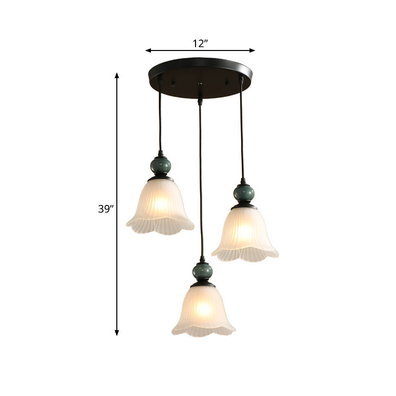 Frosted Ribbed Glass Flared Cluster Pendant Rustic 3 Lights Dining Room Hanging Lamp Kit in Black with Round/Linear Canopy