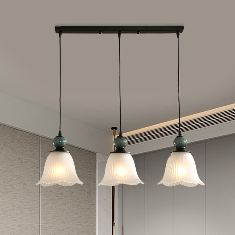 Frosted Ribbed Glass Flared Cluster Pendant Rustic 3 Lights Dining Room Hanging Lamp Kit in Black with Round/Linear Canopy