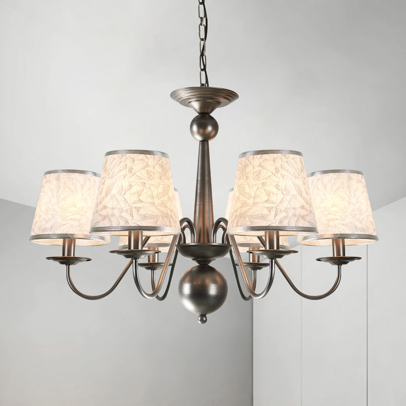Metal Silver/Blue/White and Silver Hanging Light Curving Arm 6 Lights Rustic Pendant Chandelier with Cone Fabric Shade