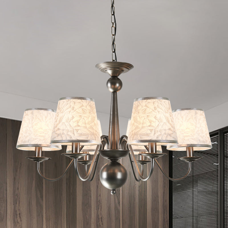 Metal Silver/Blue/White and Silver Hanging Light Curving Arm 6 Lights Rustic Pendant Chandelier with Cone Fabric Shade