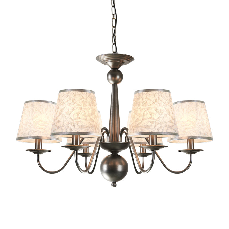 Metal Silver/Blue/White and Silver Hanging Light Curving Arm 6 Lights Rustic Pendant Chandelier with Cone Fabric Shade