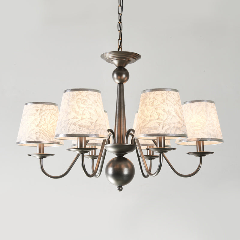 Metal Silver/Blue/White and Silver Hanging Light Curving Arm 6 Lights Rustic Pendant Chandelier with Cone Fabric Shade