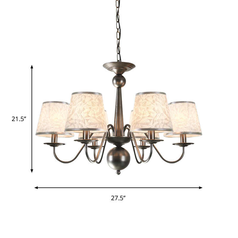 Metal Silver/Blue/White and Silver Hanging Light Curving Arm 6 Lights Rustic Pendant Chandelier with Cone Fabric Shade