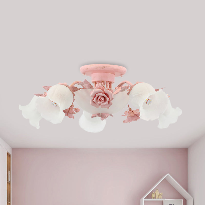 Rose Blossom Bedroom Flush Chandelier Pastoral Frosted Glass 7/11-Head Pink Ceiling Mount Light