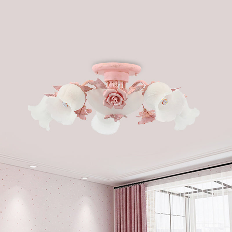 Rose Blossom Bedroom Flush Chandelier Pastoral Frosted Glass 7/11-Head Pink Ceiling Mount Light