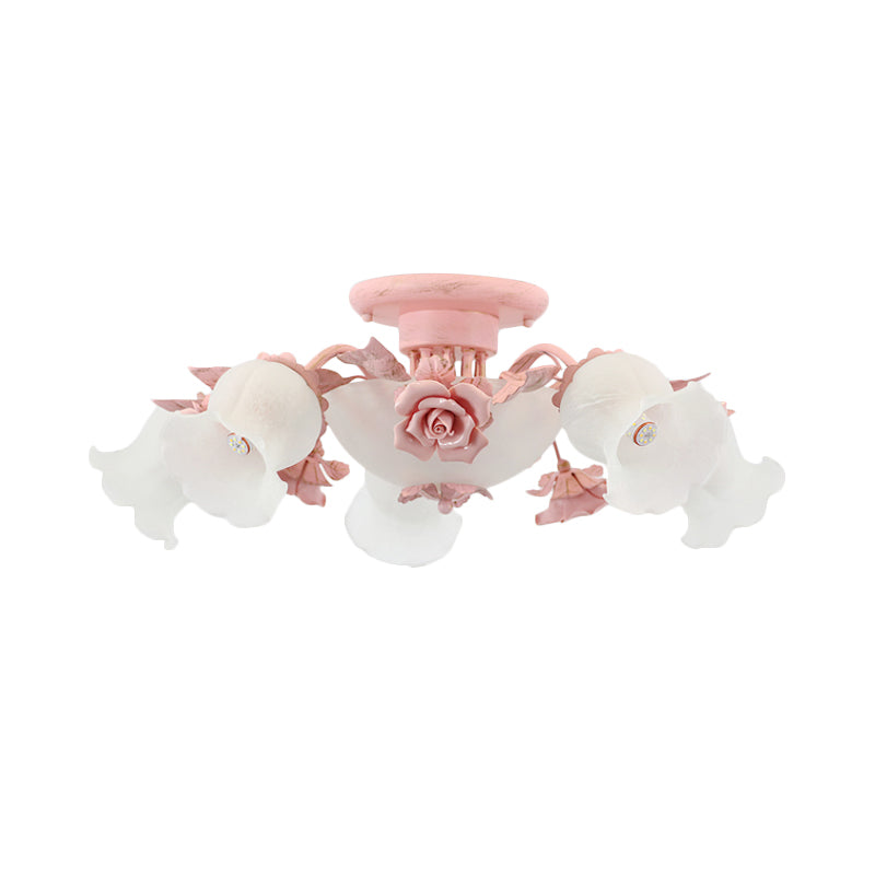 Rose Blossom Bedroom Flush Chandelier Pastoral Frosted Glass 7/11-Head Pink Ceiling Mount Light