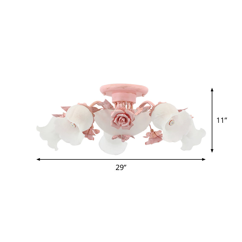 Rose Blossom Bedroom Flush Chandelier Pastoral Frosted Glass 7/11-Head Pink Ceiling Mount Light
