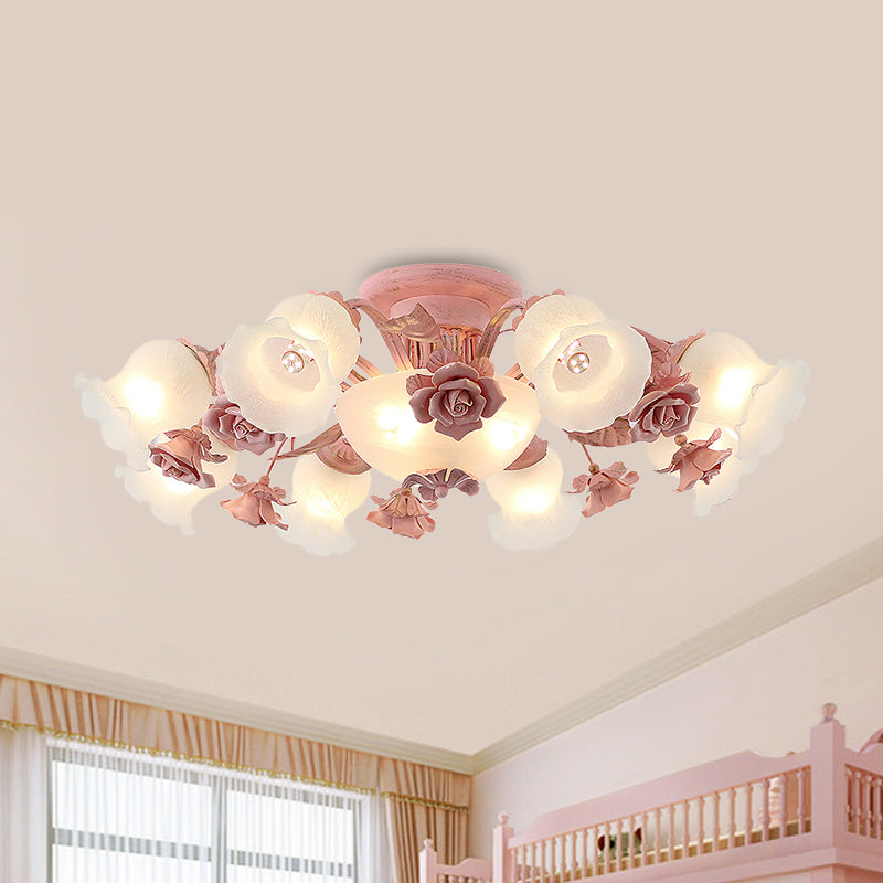 Rose Blossom Bedroom Flush Chandelier Pastoral Frosted Glass 7/11-Head Pink Ceiling Mount Light