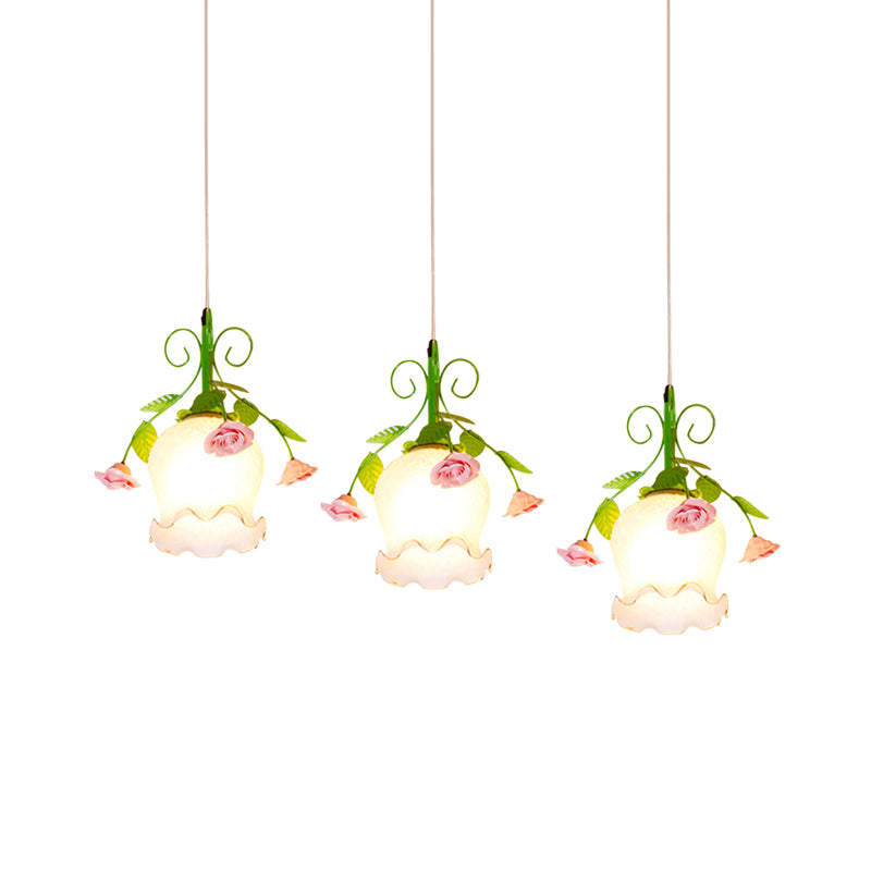 Opal Glass Ruffle Cluster Pendant Pastoral Style 3 Lights Dining Room Suspension Lamp in Green with Round/Linear Canopy
