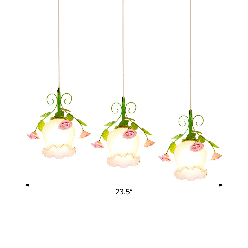 Opal Glass Ruffle Cluster Pendant Pastoral Style 3 Lights Dining Room Suspension Lamp in Green with Round/Linear Canopy