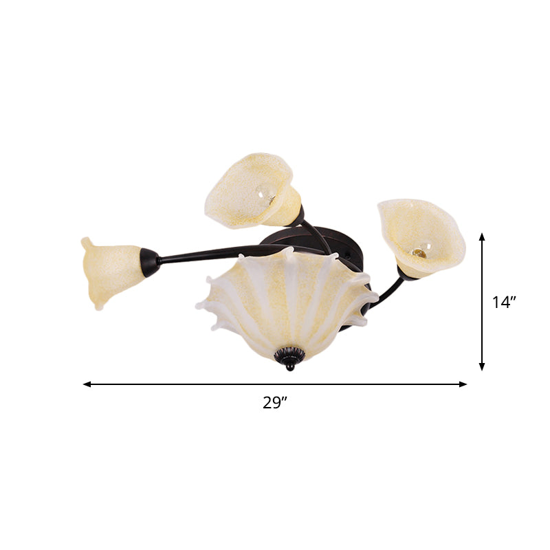 3-Light Flush Mount Lamp Countryside Whirled Frosted Glass Ceiling Lighting in Black