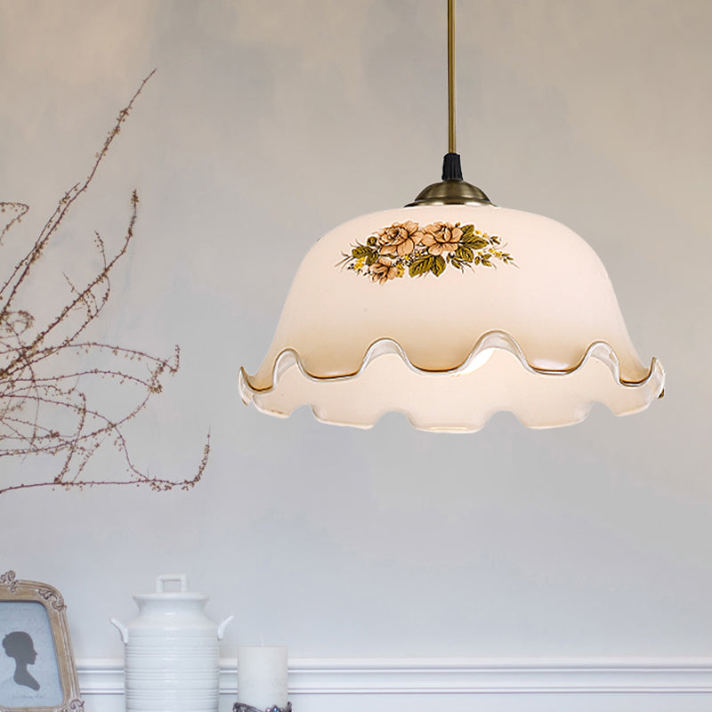 1-Light Scalloped Bowl Drop Pendant Pastoral White Printed Glass Hanging Ceiling Light