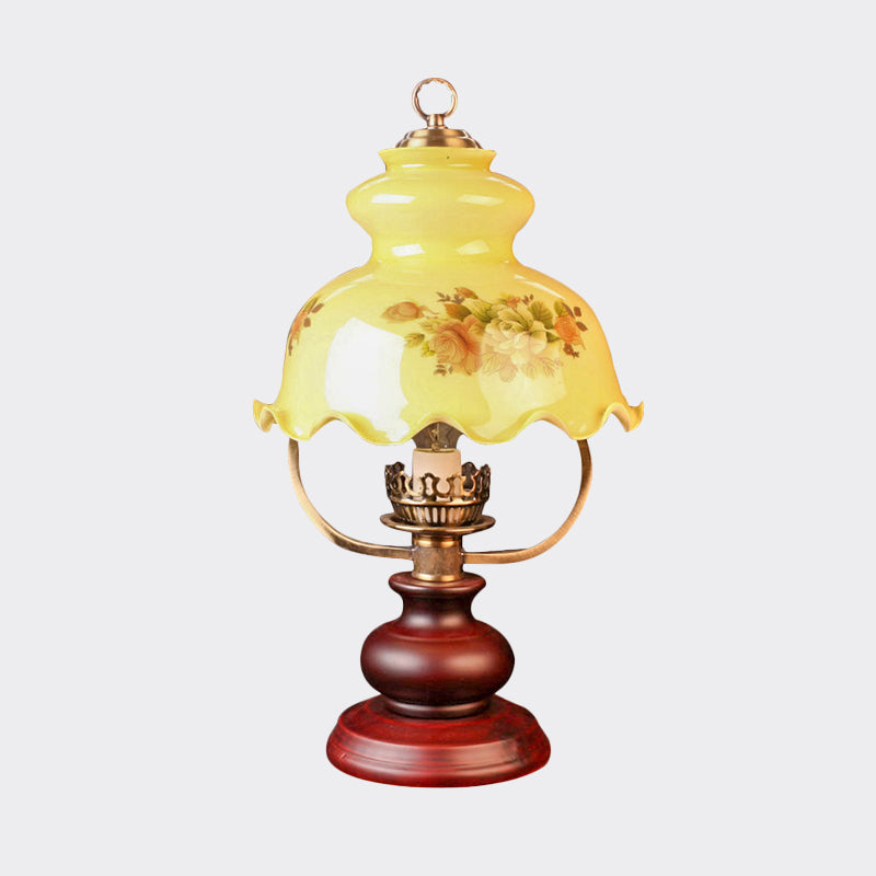 Lampada da notte pastorale con zucca con tesa a volant 1 illuminazione da tavolo in vetro fantasia giallo chiaro in rosso marrone