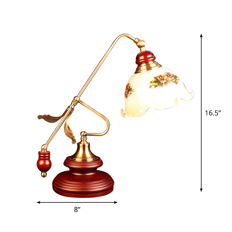 Luz de mesa de tazón retro con volantes 1 cabeza lámpara de vidrio blanco de vidrio con brazo de palanca marrón rojo dorado
