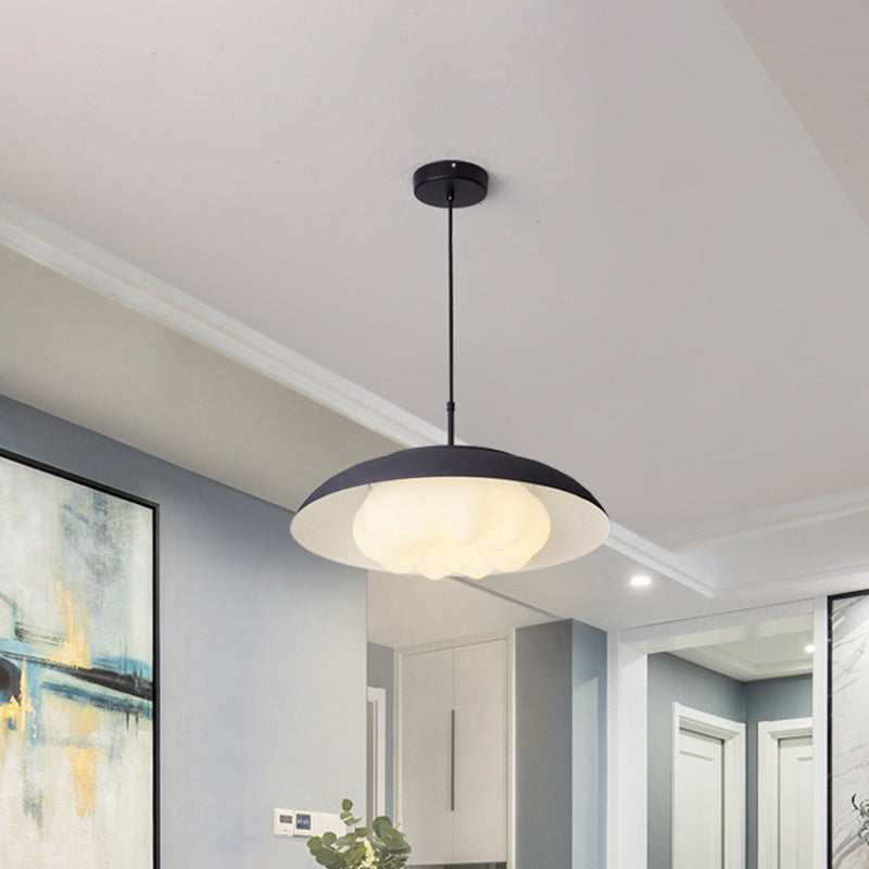 Macaron Wide Bowl Pendant Light Iron Dining Table Suspension Lamp in Black/Blue with Inner Round Shade