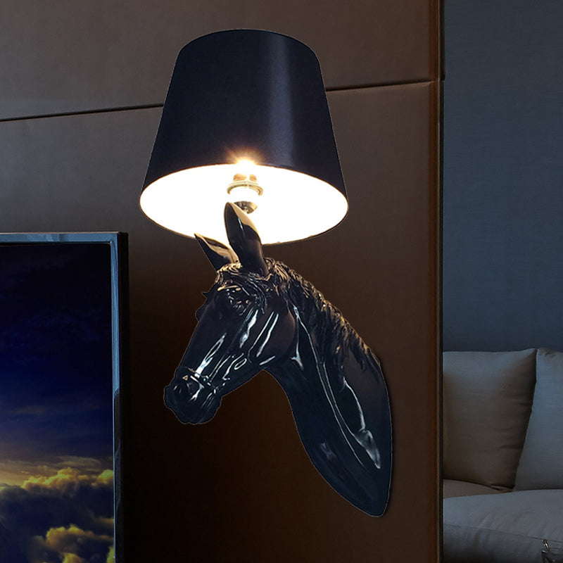 Resin Horse Head Wall Lighting Countryside 1 Head Passage Sconce Light with Conical Lampshade in Black/White