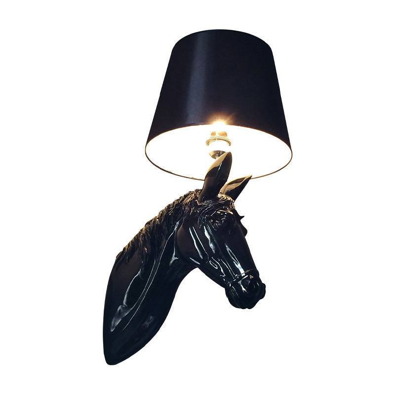 Resin Horse Head Wall Lighting Countryside 1 Head Passage Sconce Light with Conical Lampshade in Black/White