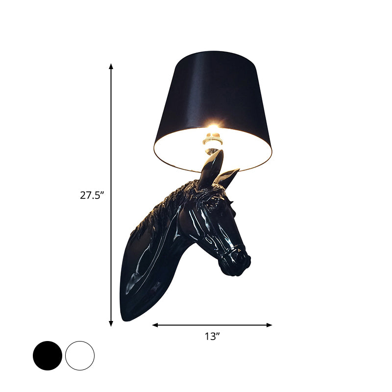 Resin Horse Head Wall Lighting Countryside 1 Head Passage Sconce Light with Conical Lampshade in Black/White
