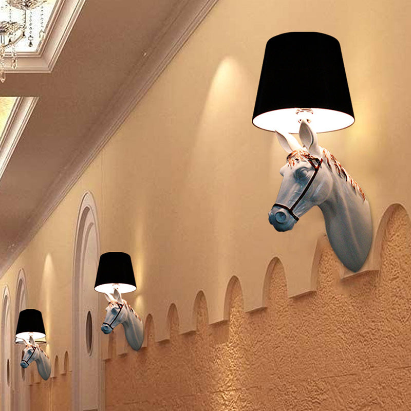Resin Horse Head Wall Lighting Countryside 1 Head Passage Sconce Light with Conical Lampshade in Black/White