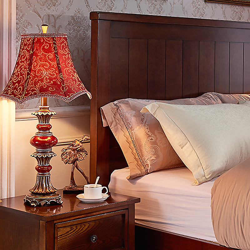 Retro Scallop-Edge Flared Table Light 1 Bulb Swirl Patterned Fabric Night Lamp in Red