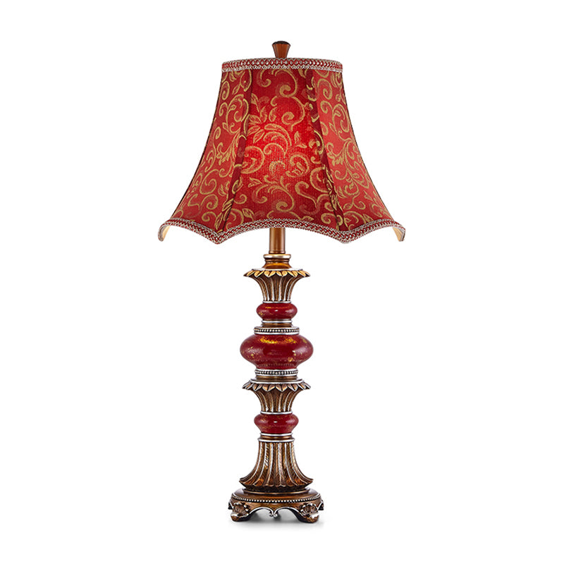 Retro Scallop-Edge Flared Table Light 1 Bulb Swirl Patterned Fabric Night Lamp in Red