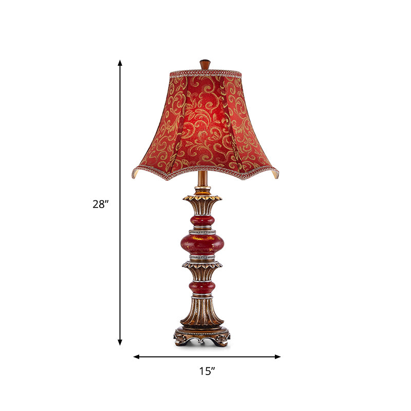 Retro Scallop-Edge Flared Table Light 1 Bulb Swirl Patterned Fabric Night Lamp in Red