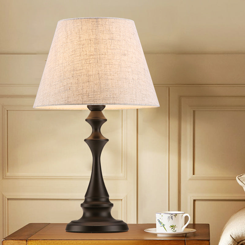 White Conic Nightstand Lamp Countryside Fabric 1 Head Family Room Table Light with Balustrade Stand