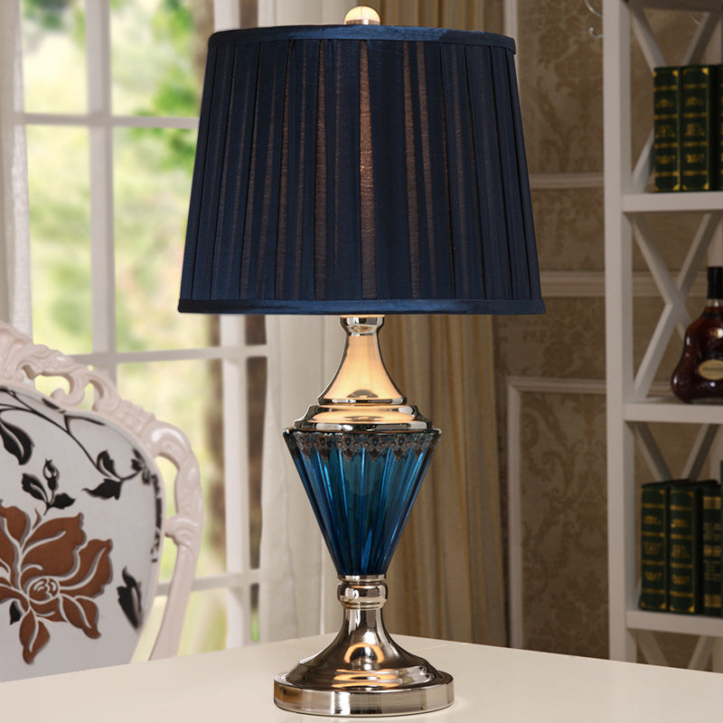 Blue Prismatic Glass Cone Night Light Vintage 1 Head Living Room Table Lamp with Pleated Shade in Black