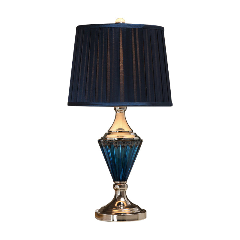 Blue Prismatic Glass Cone Night Light Vintage 1 Head Living Room Table Lamp with Pleated Shade in Black