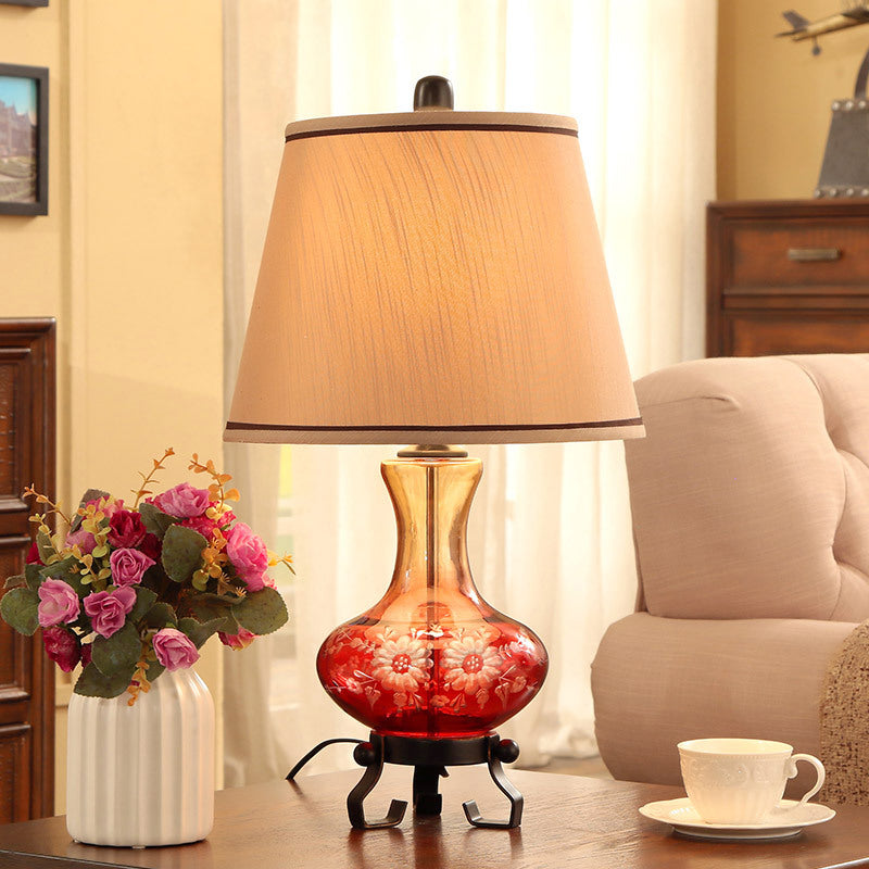 Ceramic Flower Patterned Vase Table Lamp Retro 1 Head Sitting Room Night Stand Light in Blue/Red with Cone Fabric Shade