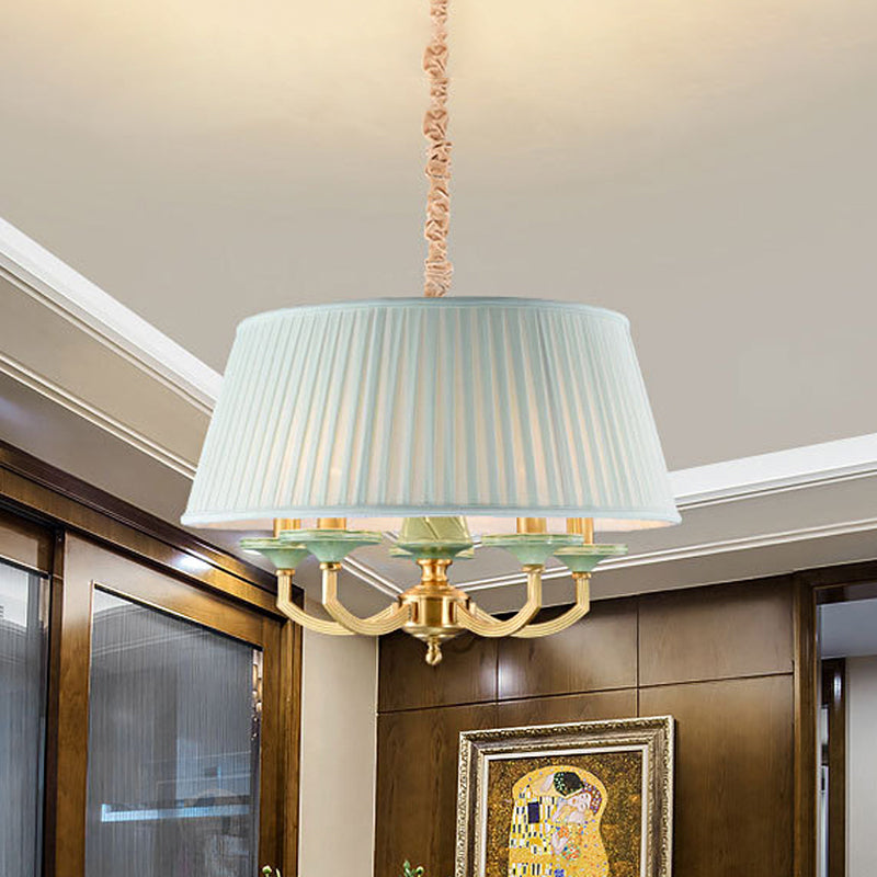 5-Bulb Chandelier Light Fixture Retro Style Pleated Shade Fabric Drop Pendant in Brass