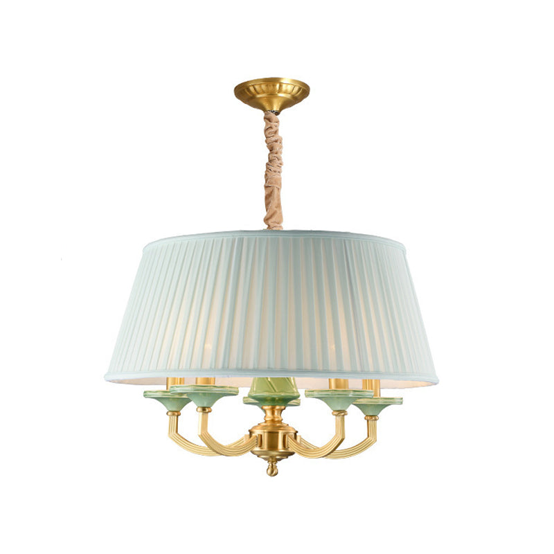 5-Bulb Chandelier Light Fixture Retro Style Pleated Shade Fabric Drop Pendant in Brass