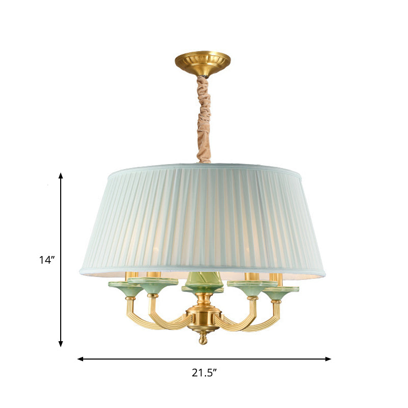 5-Bulb Chandelier Light Fixture Retro Style Pleated Shade Fabric Drop Pendant in Brass
