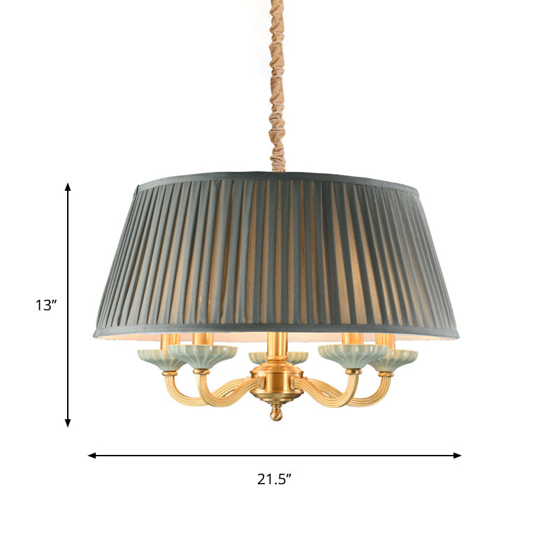 Fabric Pleated Drum Ceiling Chandelier Country 5 -Head Dining Room Hanging Pendant Light in Gray