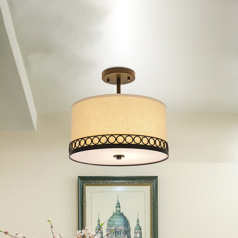 Drum Fabric Semi Mount Lighting Traditional 1 Head Bedroom Ceiling Light Fixture in Black