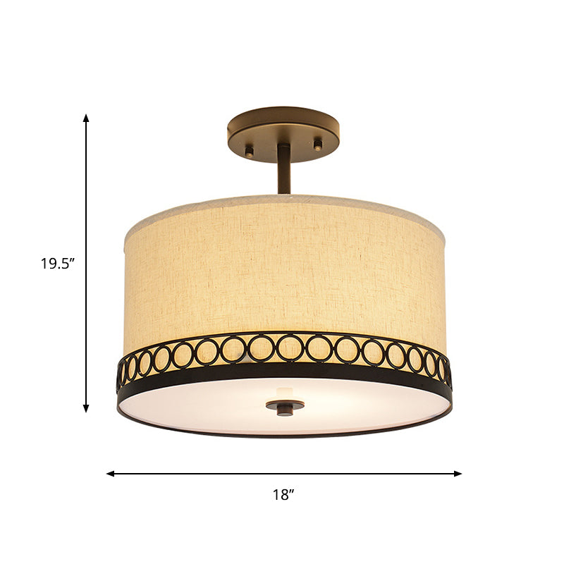 Drum Fabric Semi Mount Lighting Traditional 1 Head Bedroom Ceiling Light Fixture in Black