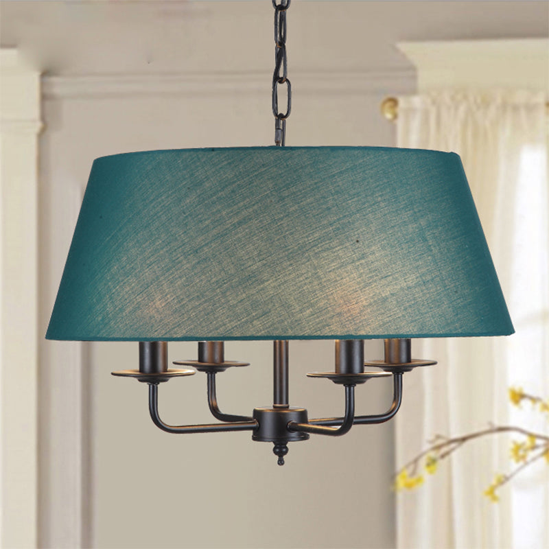 4 Lights Fabric Chandelier Light Rural Style Beige/Green Tapered Drum Dining Room Drop Pendant