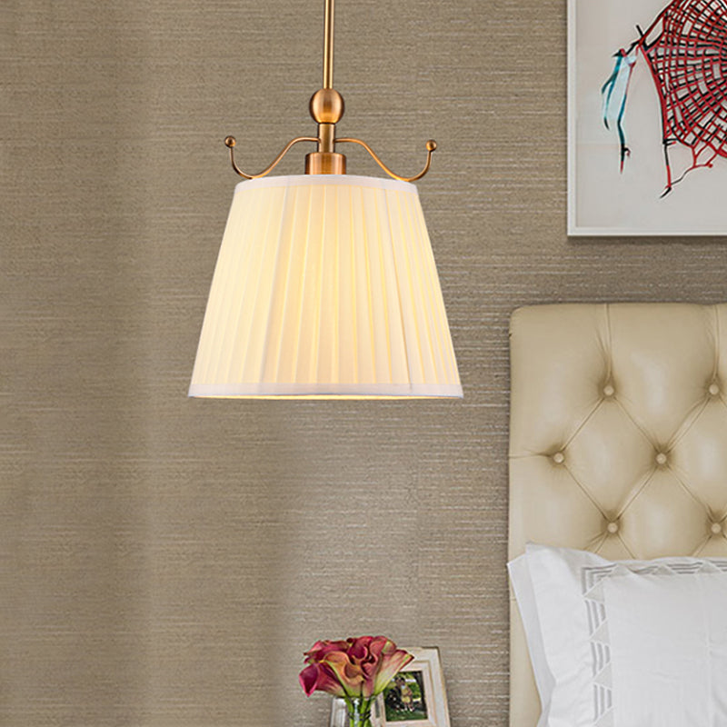Pleated Lampshade Bedroom Pendant Light Countryside Fabric 1 Bulb White Finish Down Lighting