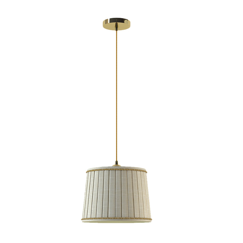 Beige Pleated Shade Pendant Light Fixture Country Fabric 1 Head Bedroom Hanging Lamp Kit
