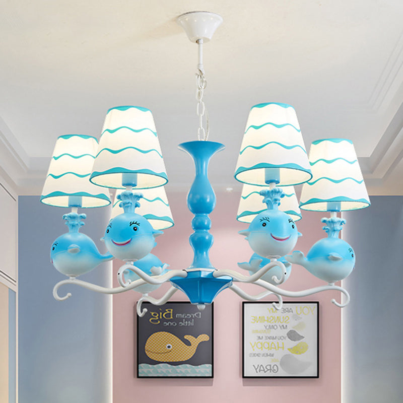 Carton de lustre en forme de baleine bleu / rose 6 têtes Resin Résine Pendre radial Pilation de lampe à cône d'ombre en tissu de cône